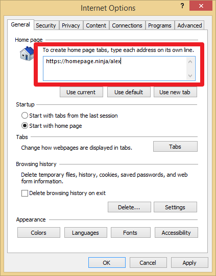 cannot change homepage internet explorer 11